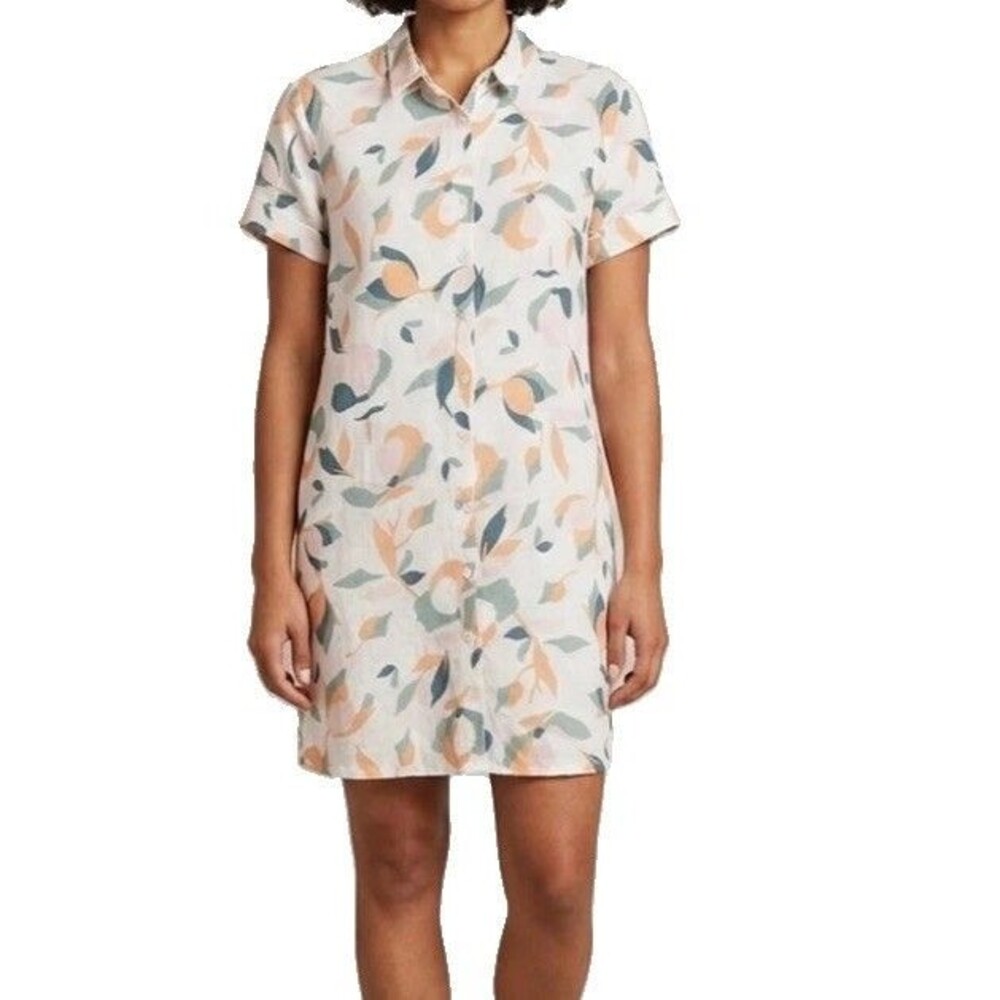 Rachel Zoe 100% Linen Abstract Floral short sleeve Button Down Shirt Dress, L